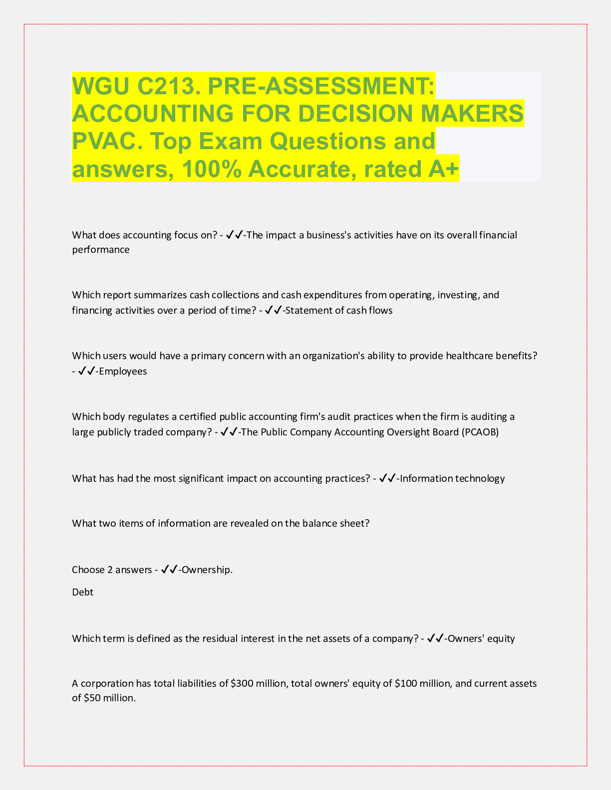 Preview image for WGU C213. PRE-ASSESSMENT:  ACCOUNTING FOR DECISION MAKERS  PVAC